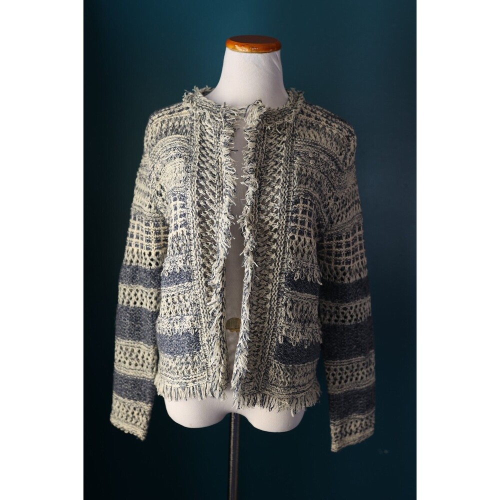 Monoreno Woman's Fringed Crochet Boho Jacket Blazer Blue White Open Front Large